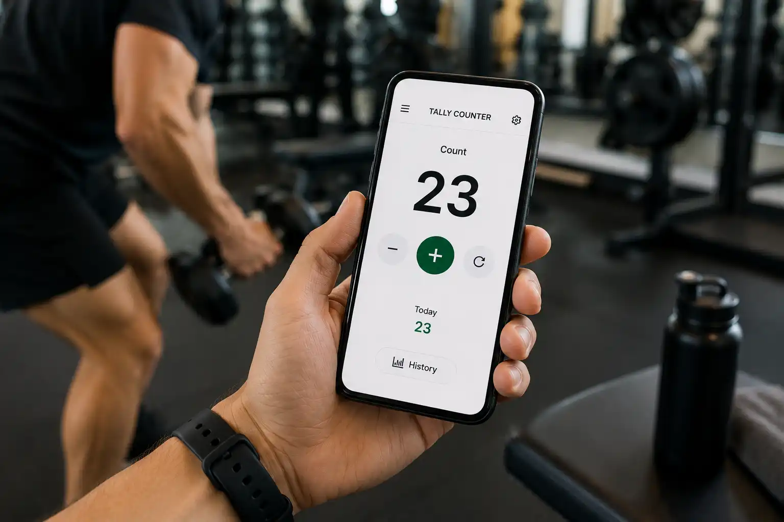 Person holding a phone showing a tally counter at 23 reps during a workout
