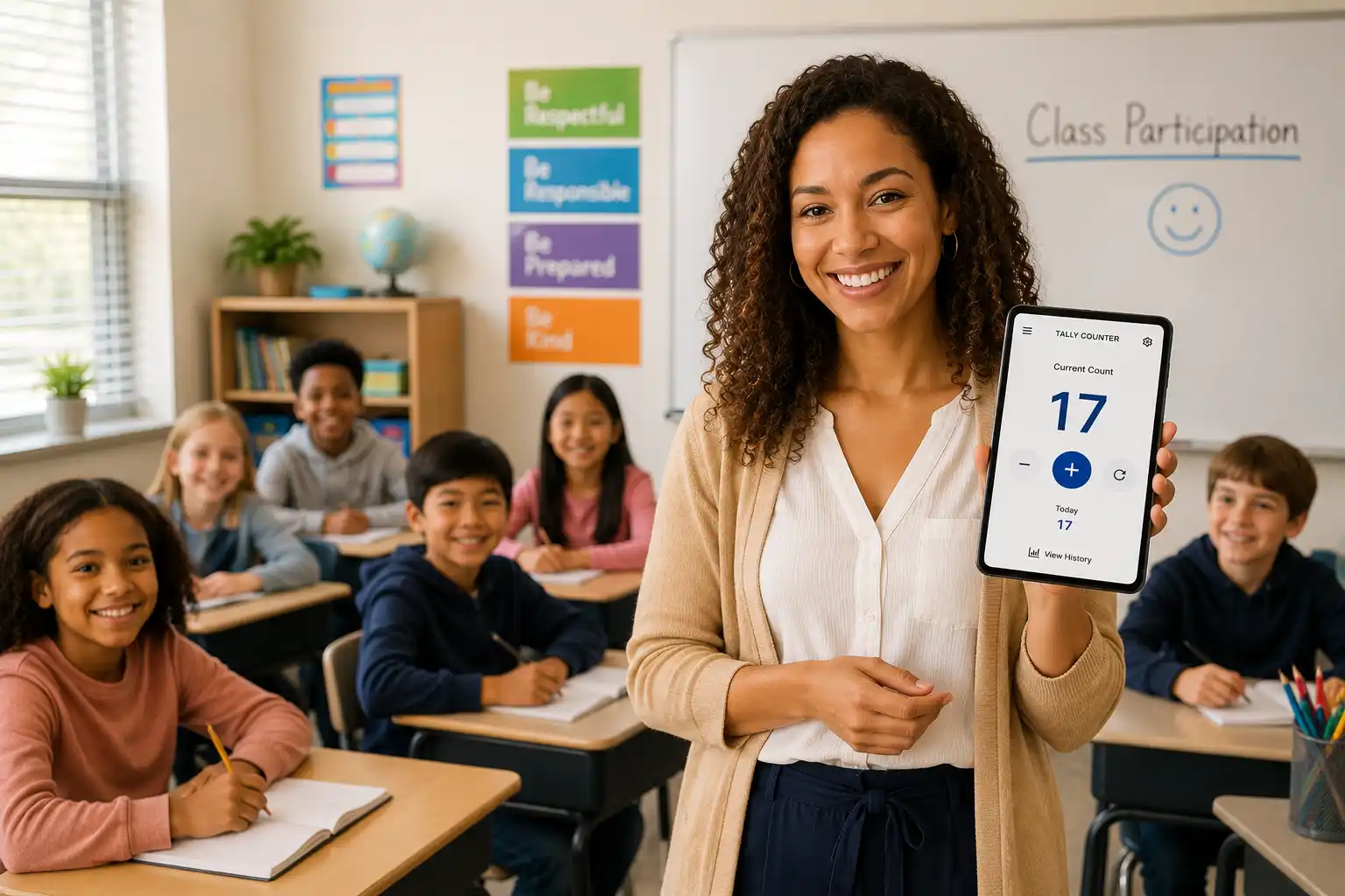 A teacher holding a phone with a tally counter visible while monitoring classroom activity