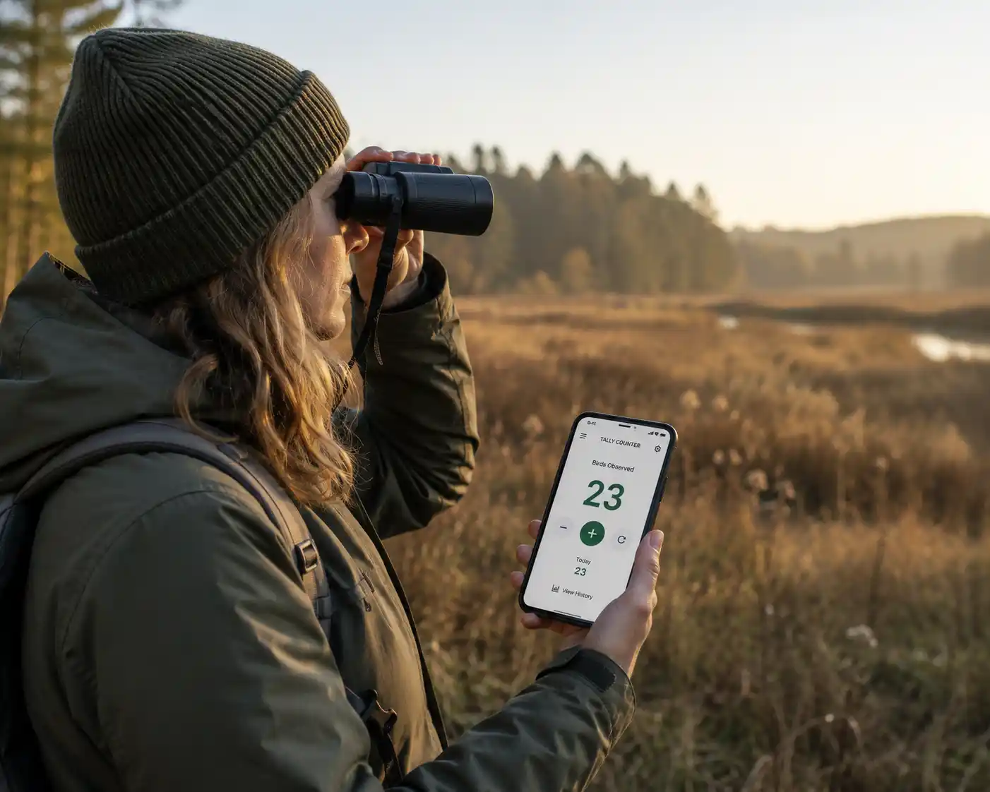 A birdwatcher using binoculars while holding a phone with a tally counter to record species sightings