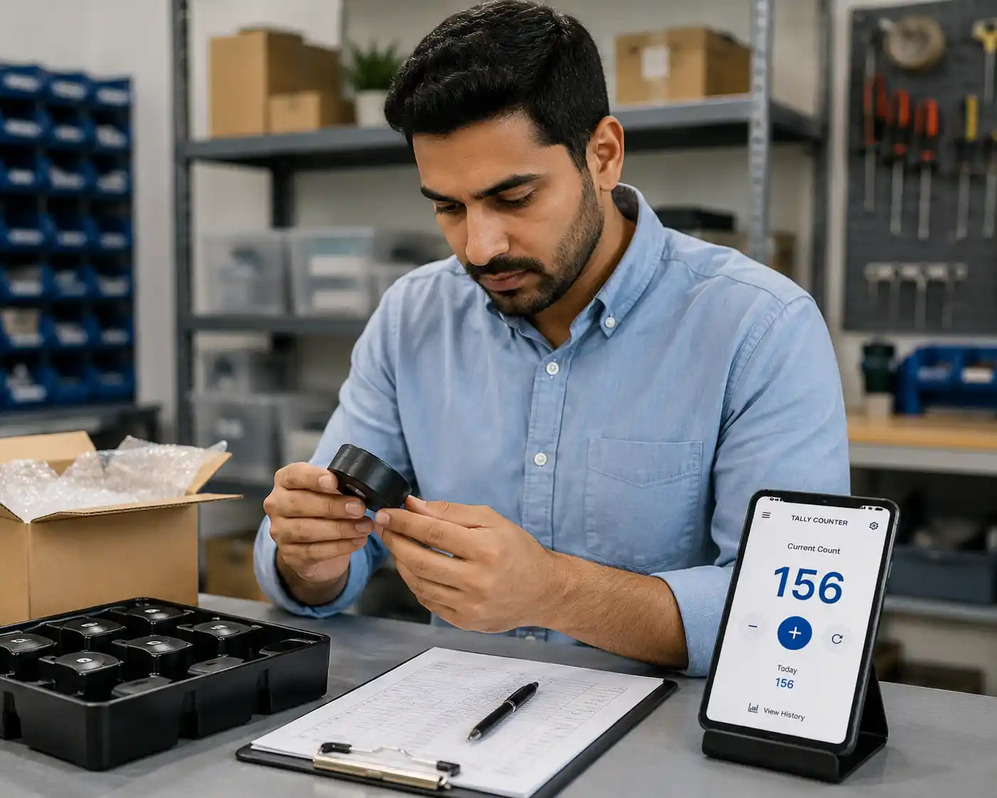 A quality control worker at a production station with a tally counter on a tablet beside them