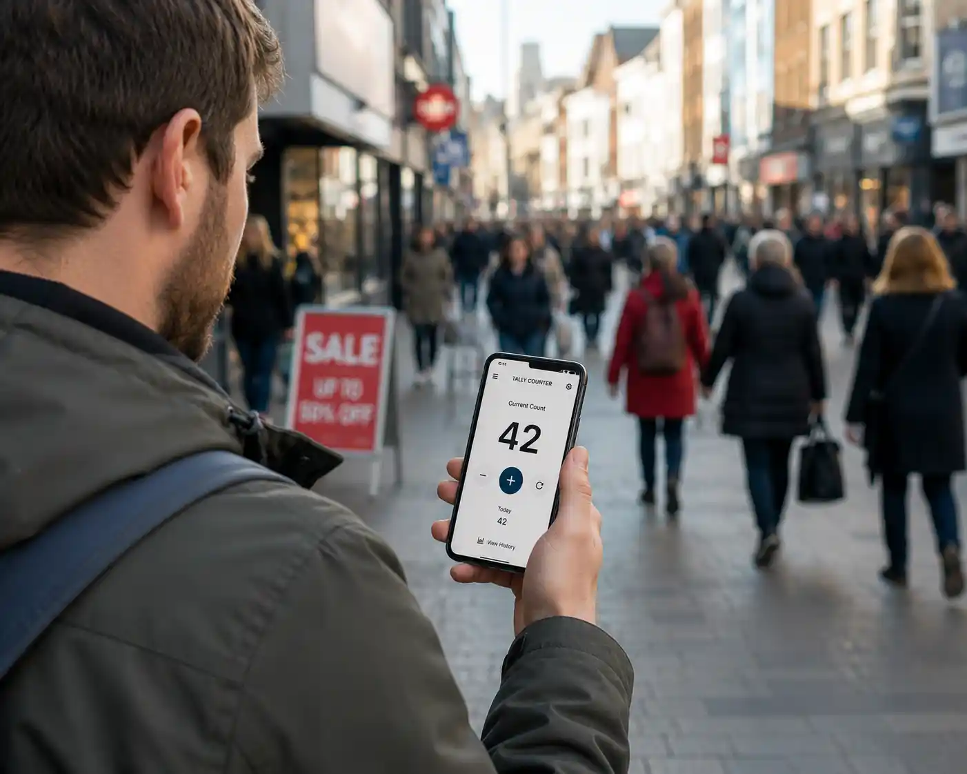 A person standing on a busy high street holding a phone with a tally counter to record pedestrian traffic