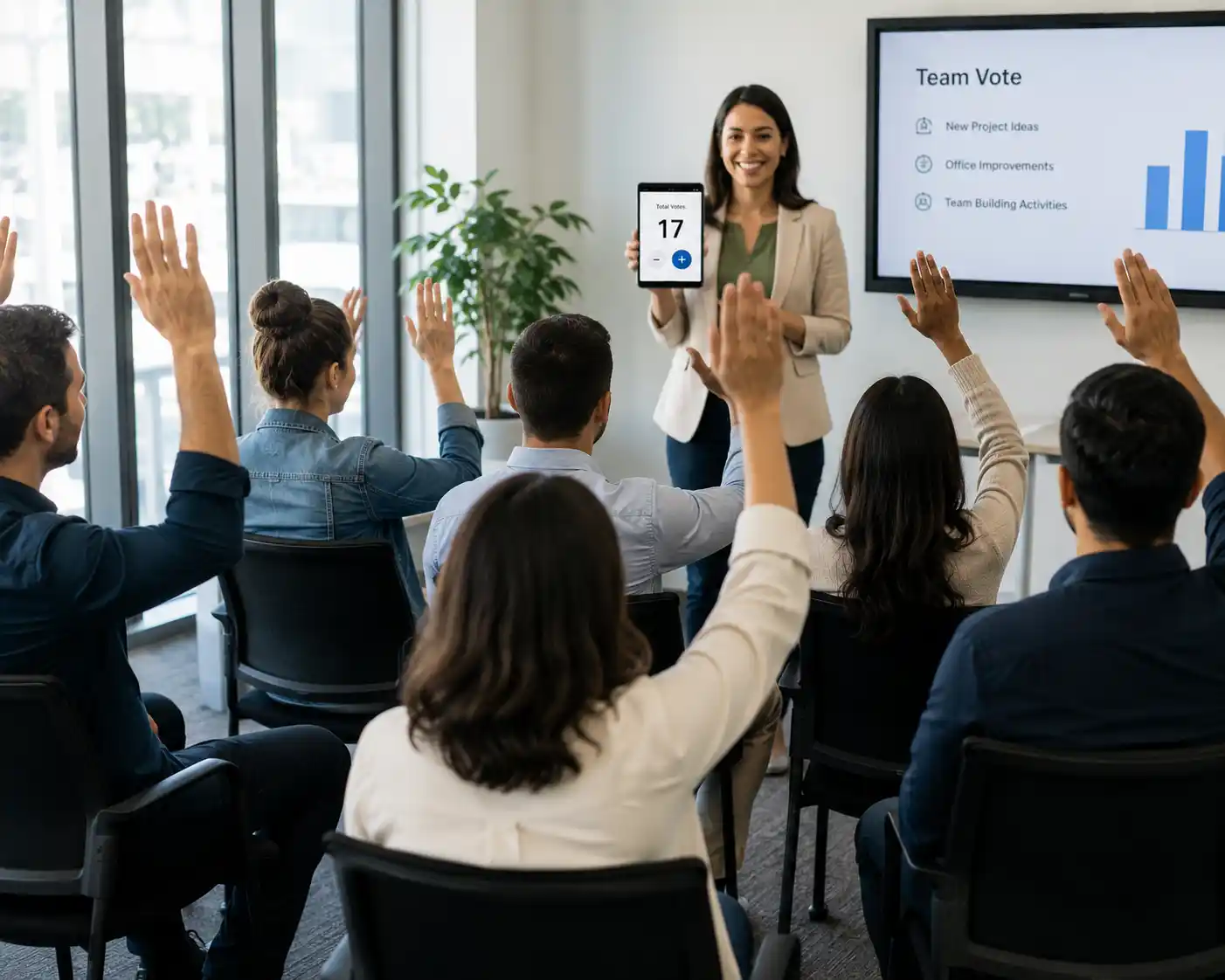 Meeting facilitator holding a tablet with a tally counter while attendees raise hands to vote
