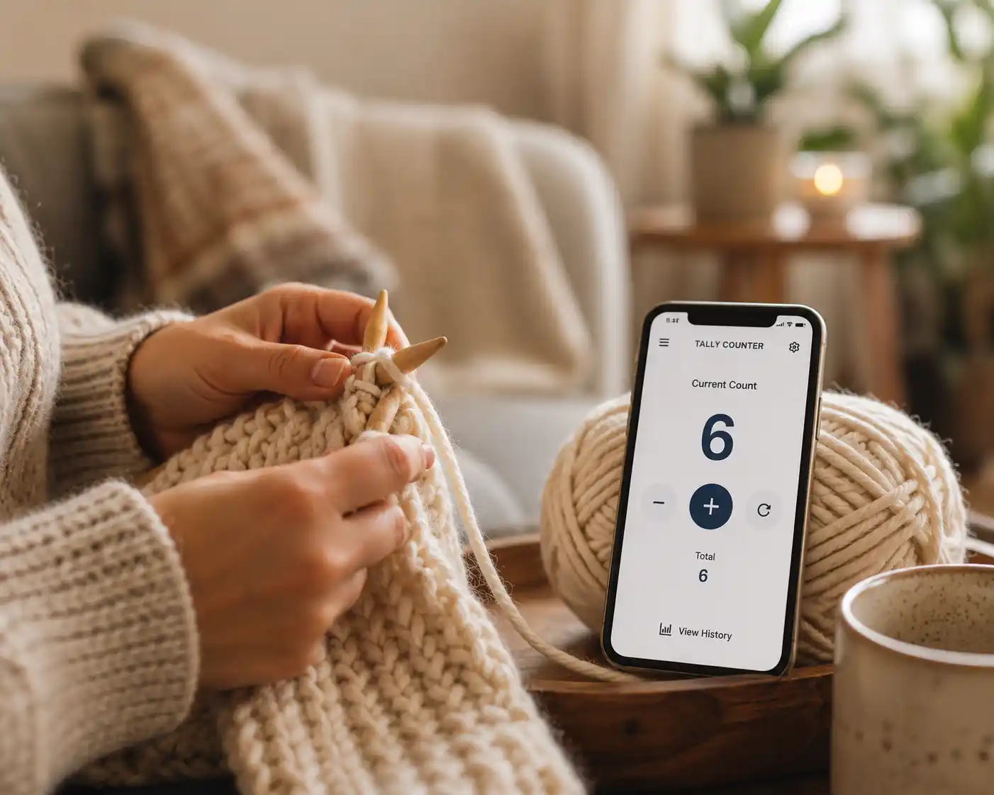 Knitting hands with chunky yarn and a smartphone tally counter showing the number 6 propped nearby
